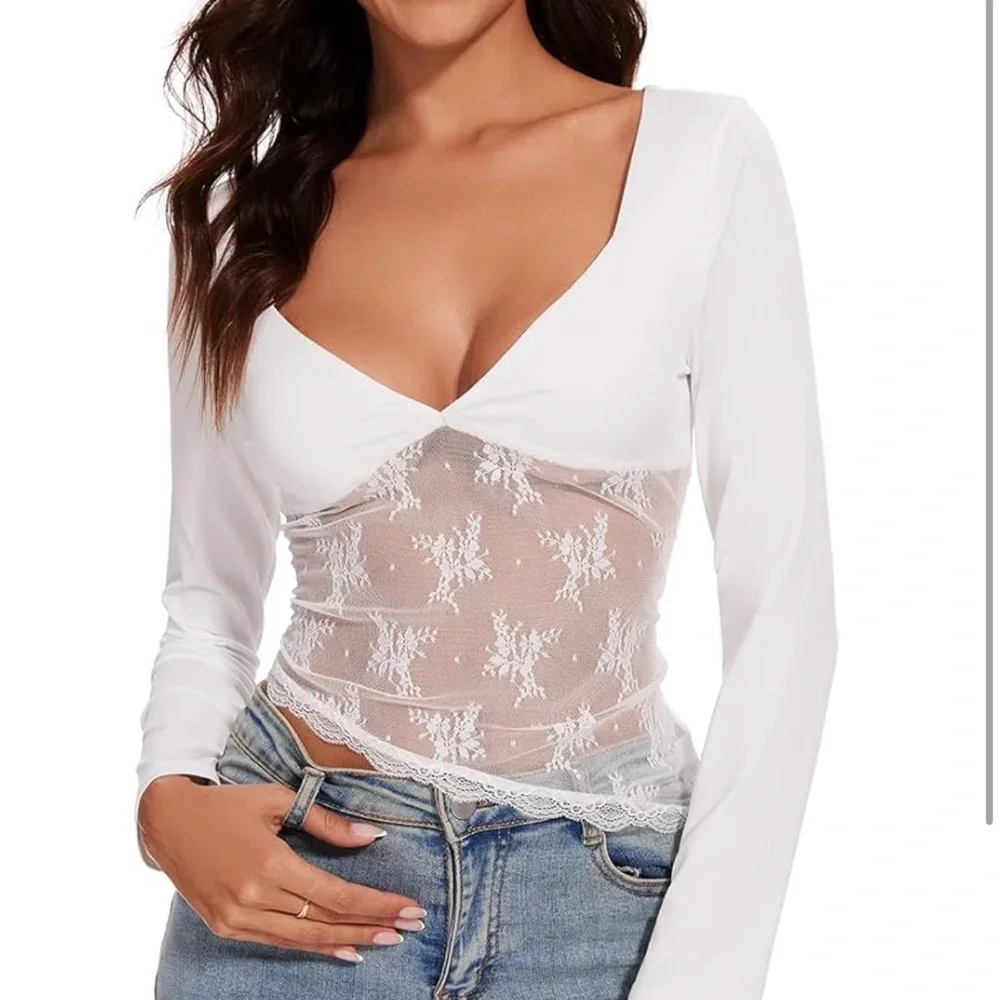 White lace detail long sleeve top
